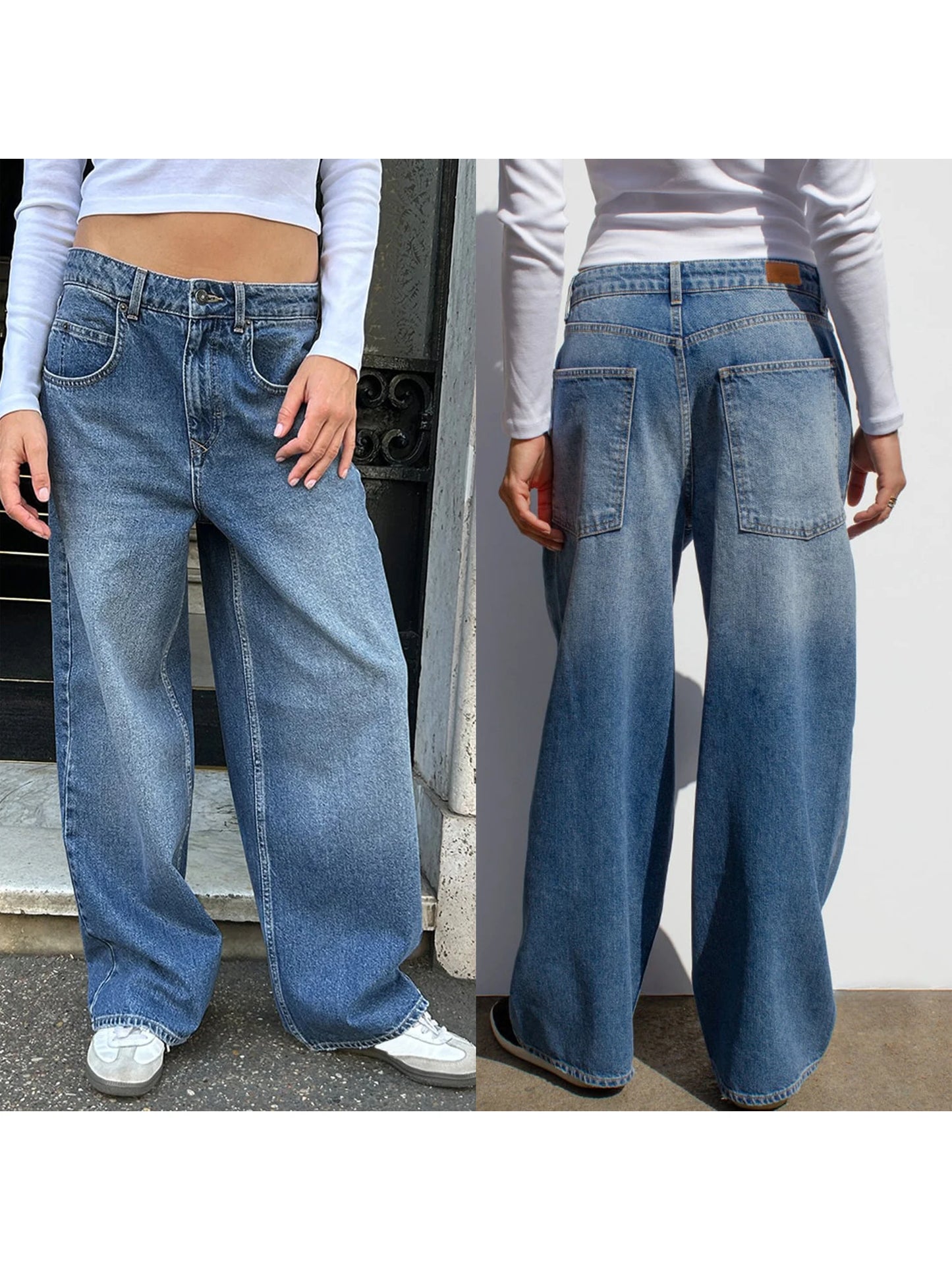Ladies Stylish Low Rise Loose Fit Jeans Trendy Relaxed Straight Leg Denim Trousers with Functional Pockets for Everyday Wear