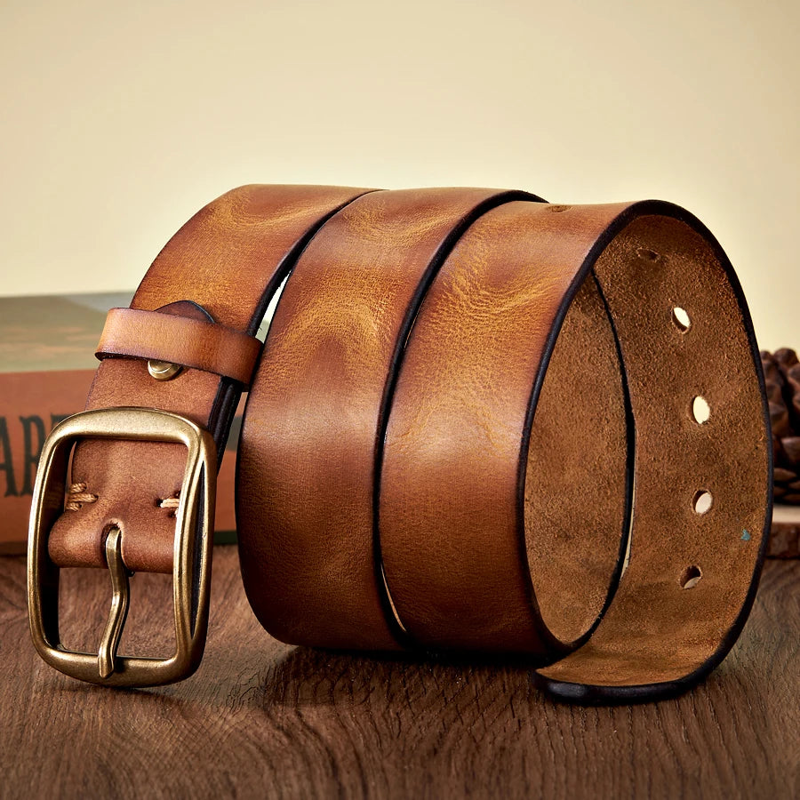 3.8CM Real Genuine Thick Leather Belt Cowhide Copper Pin Buckle Casual Retro