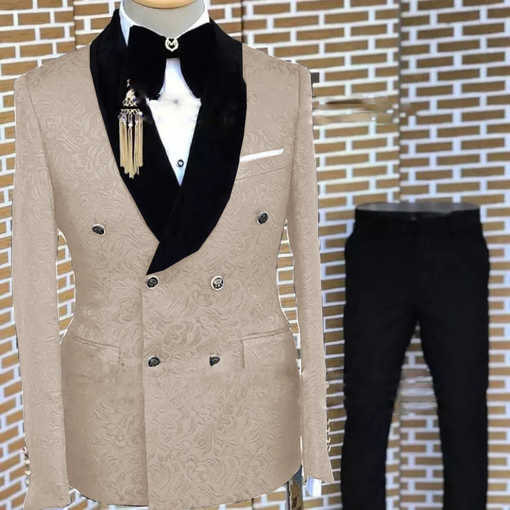 Gray Formal Suit for Men Floral Jacket Pants 2 Piece Set Tuxedo Elegant Men's Suit Handsome Blazer