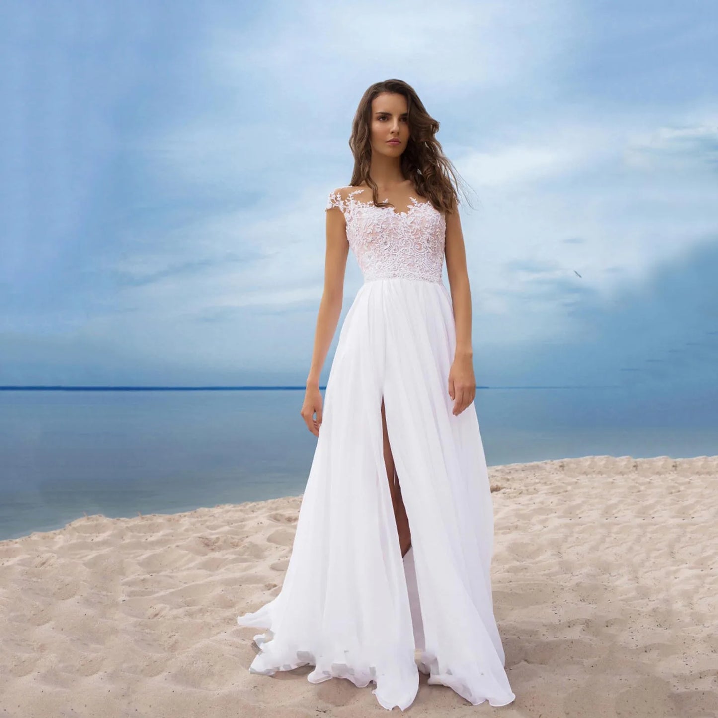Women's Elegant Lace Backless Maxi Evening Dress Solid Color V Neck High Waist Wedding Party Sexy Bridesmaids White Dresses