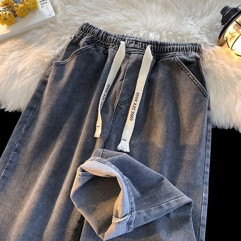 Casual  Jeans With Pockets Summer Vintage  Wide Leg Pant Drawstring Loose Trousers