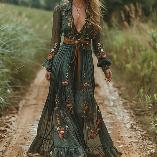 Vintage Pattern Printed Long Sleeve Dress Women Summer Sexy V Neck Pleated Long  Bohemian Style Lapel Spliced Maxi Dress
