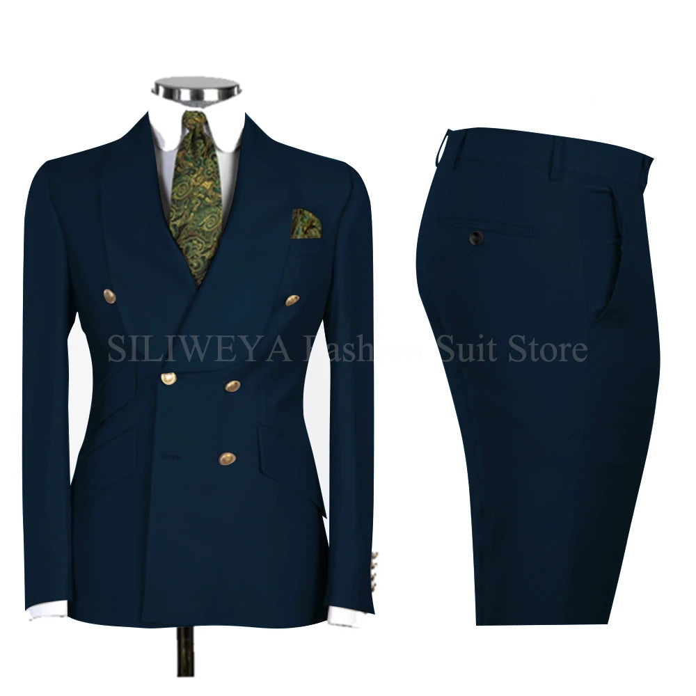 Gold Men Business Casual Men's Suits Jacket Pants Set Male Blazer Coat Pants 2PCS Slim Fit Suits