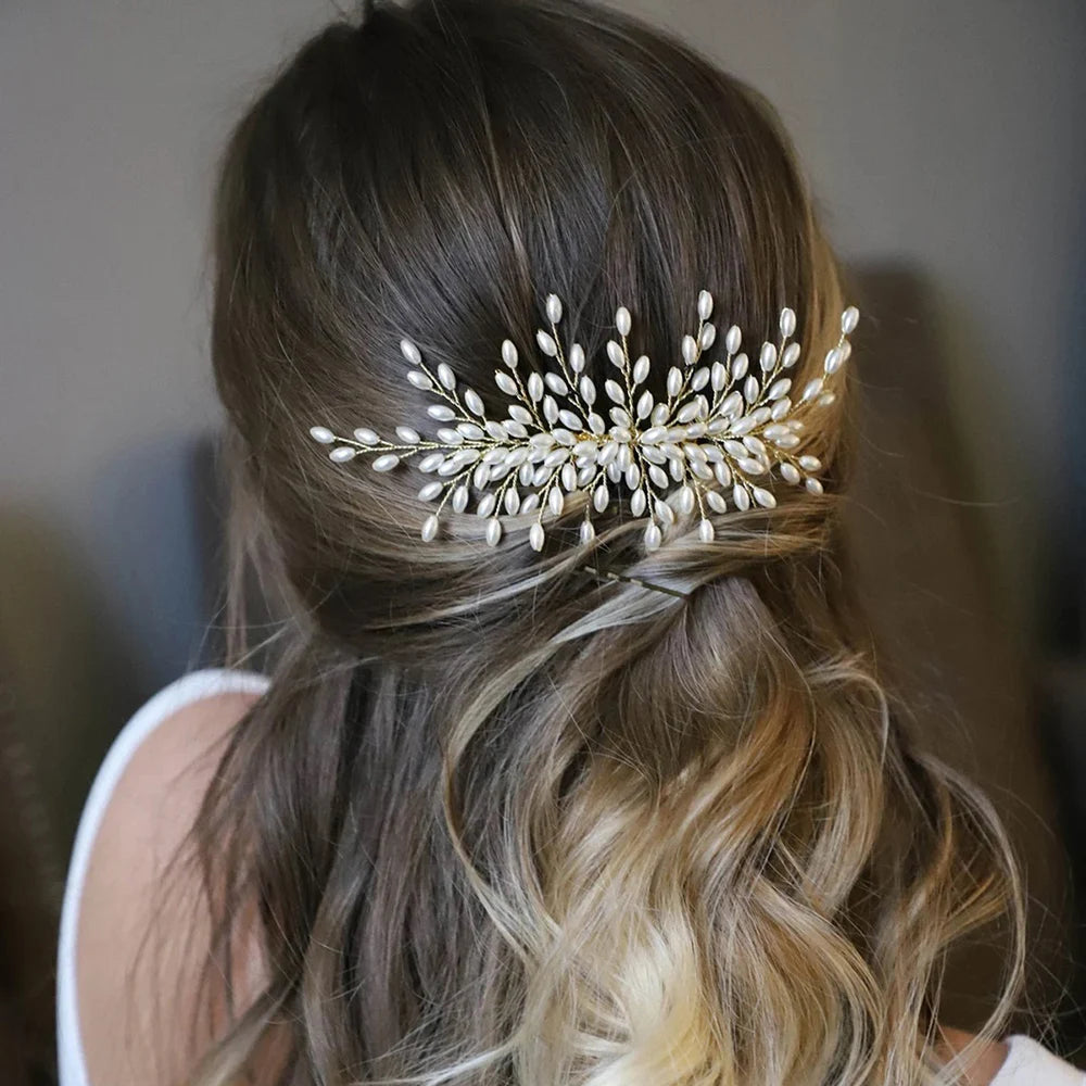 Crystal Pearl Hair Comb Clip Pin Alloy Leaf Hair Comb Handmade Headband For Women Bride Wedding Hair Accessories Jewelry