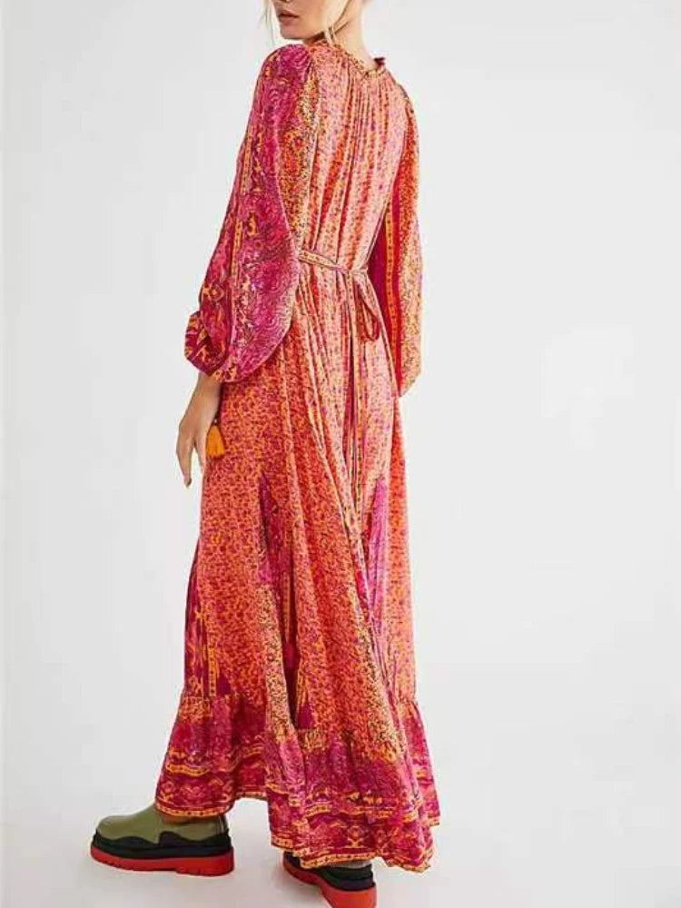 Chiffon Floral Printed Maxi Dresses For Women Robe Vintage Lantern Long Sleeve V Neck Tassel Loose Dress Boho Beach