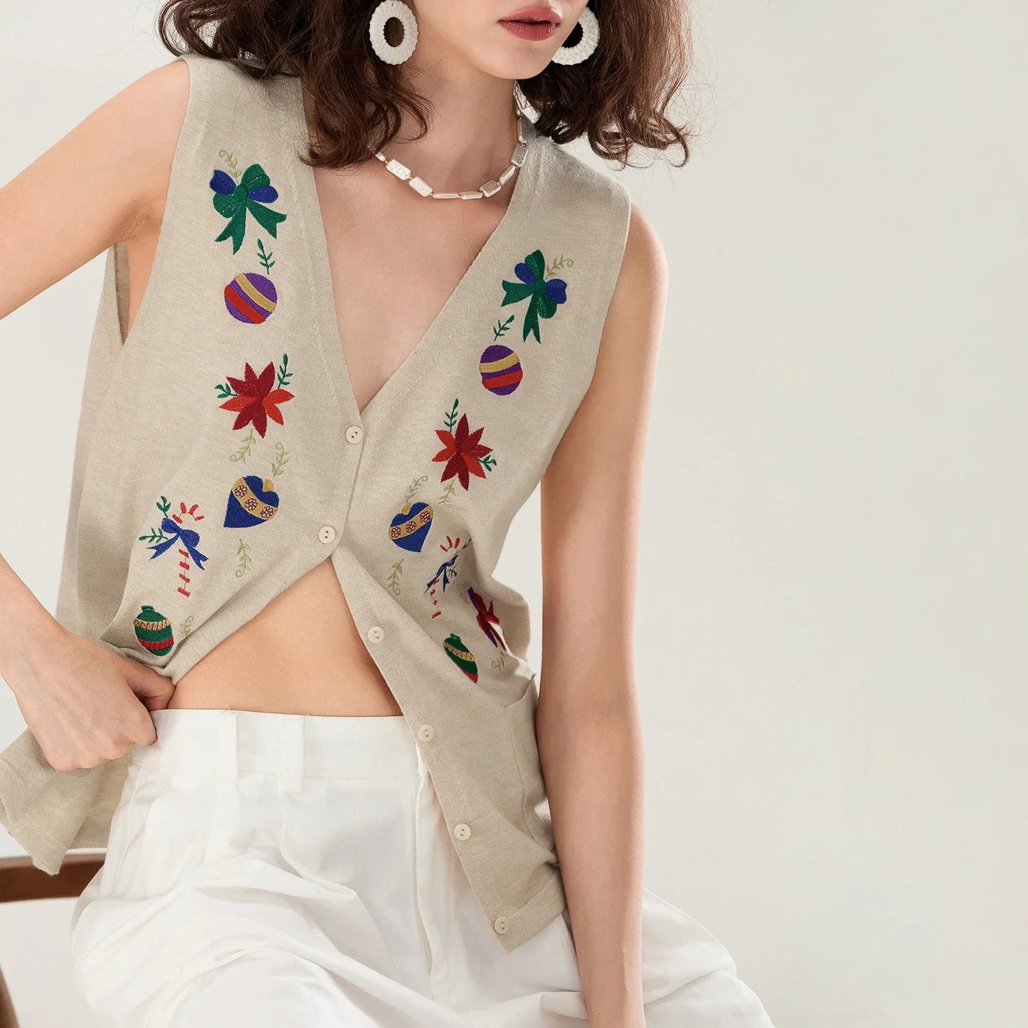 Women Christmas Knit Vest Top Embroidery Sleeveless Button Down Sweater Vest  Cardigans