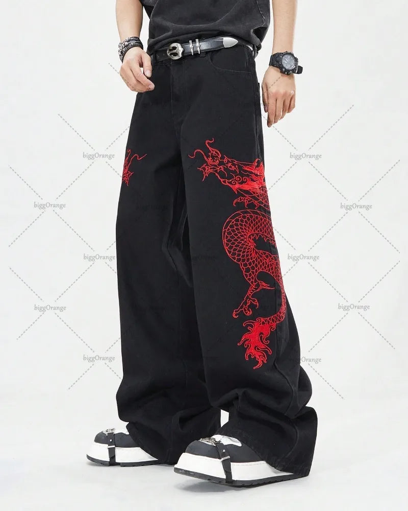 American Retro Oriental Dragon Design Fashionable Loose Jeans  Street Hip-hop Casual Straight Wide-leg Pants Women