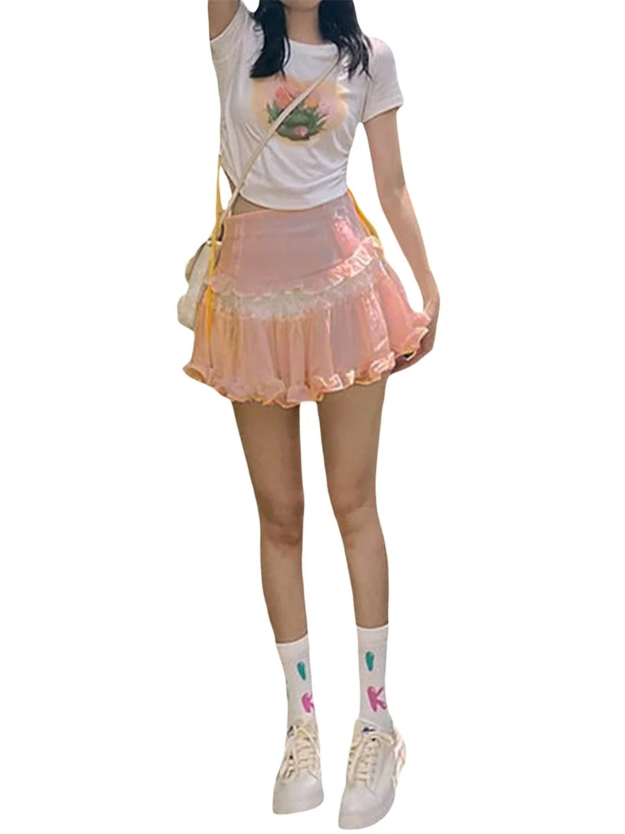 Summer Mini Skirt Cute High Waist Lace Patchwork Ruffle Hem A-Line Skirts