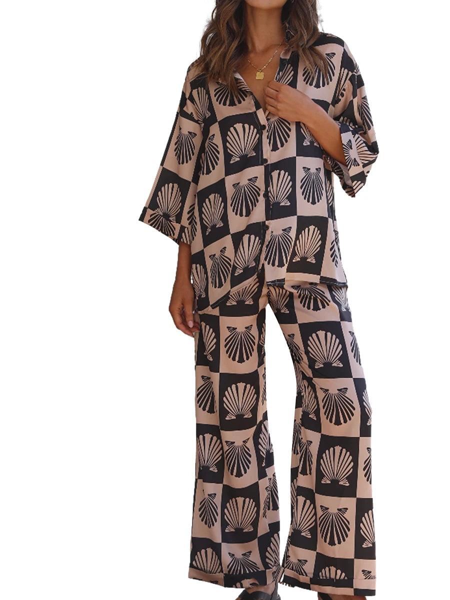 Women’s 2 Piece Pajamas Set Cute Seashell Print 3 /4 Sleeve Button Up Shirt Pants Set Loungewear
