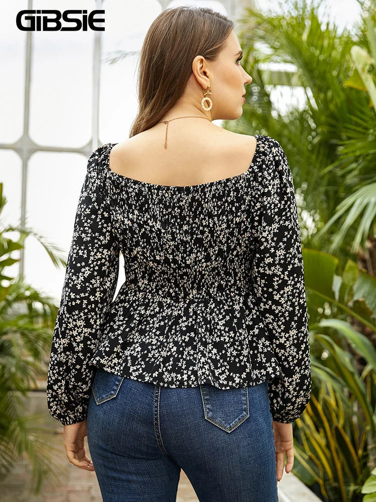 Floral Print Off The Shoulder Peplum Blouse Long Sleeve Casual