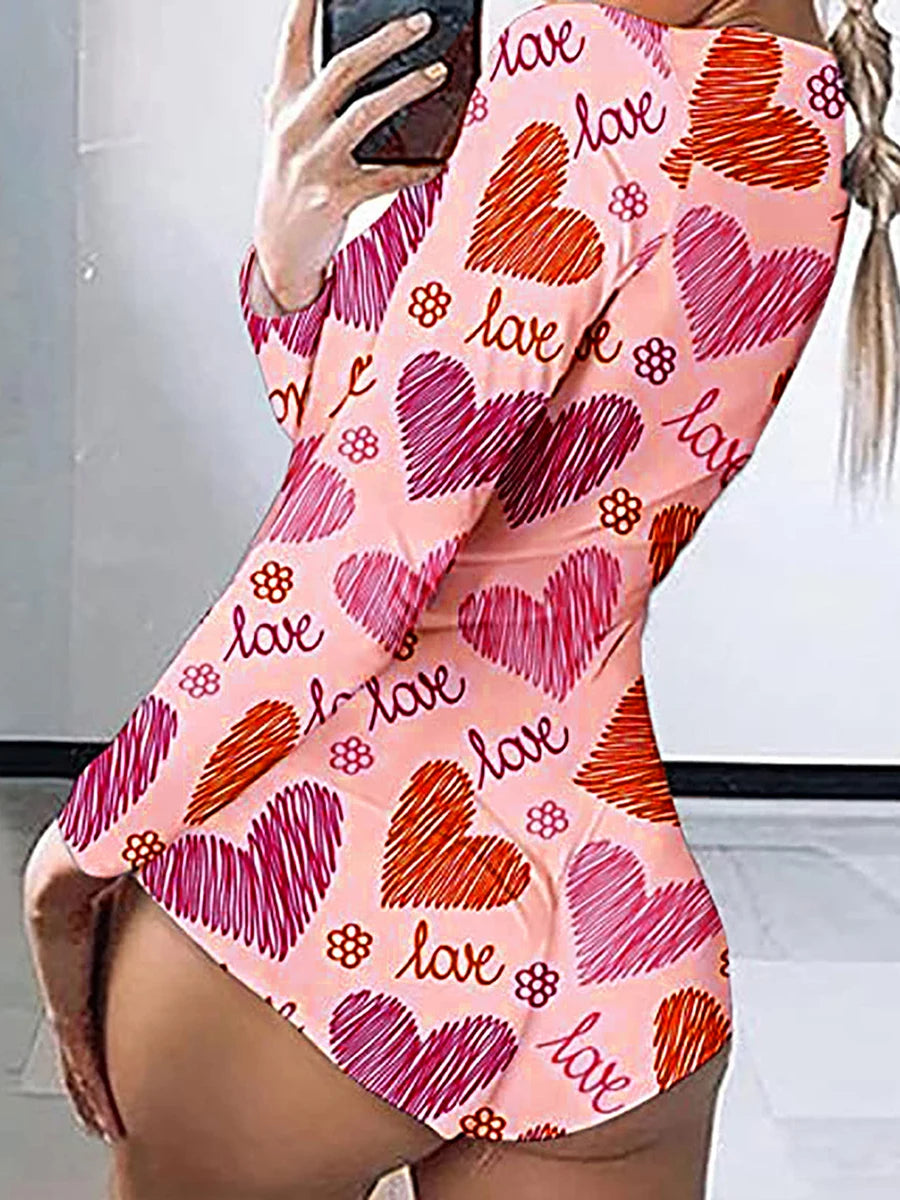 Women’s Long Sleeve Valentine Day Jumpsuit Bodycon V Neck Lip Print Button Down Short Romper Indoor Sleepwear