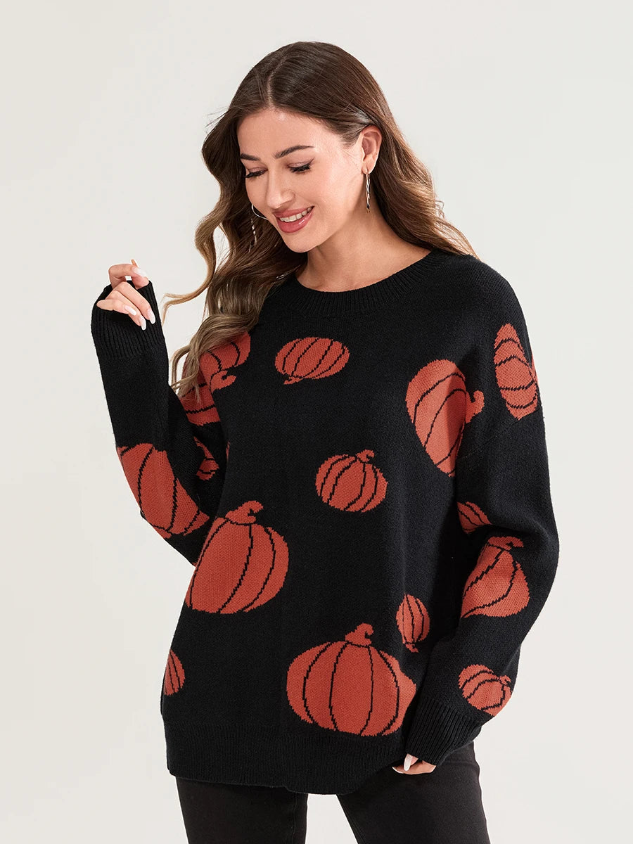 Women Halloween Knit Sweater Long Sleeve Round Neck Pullovers Fall Winter Casual with Spooky Vibes