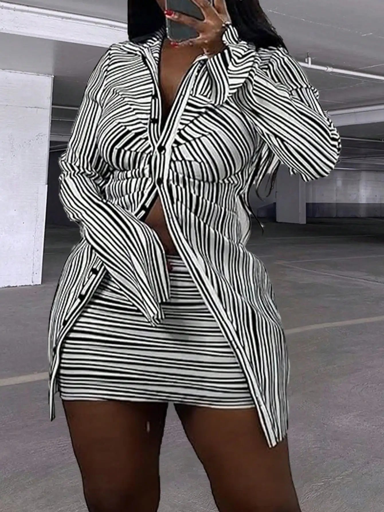 Women's Striped Two-Piece Set - Long-Sleeve Button-Down Shirt & Mini Skirt