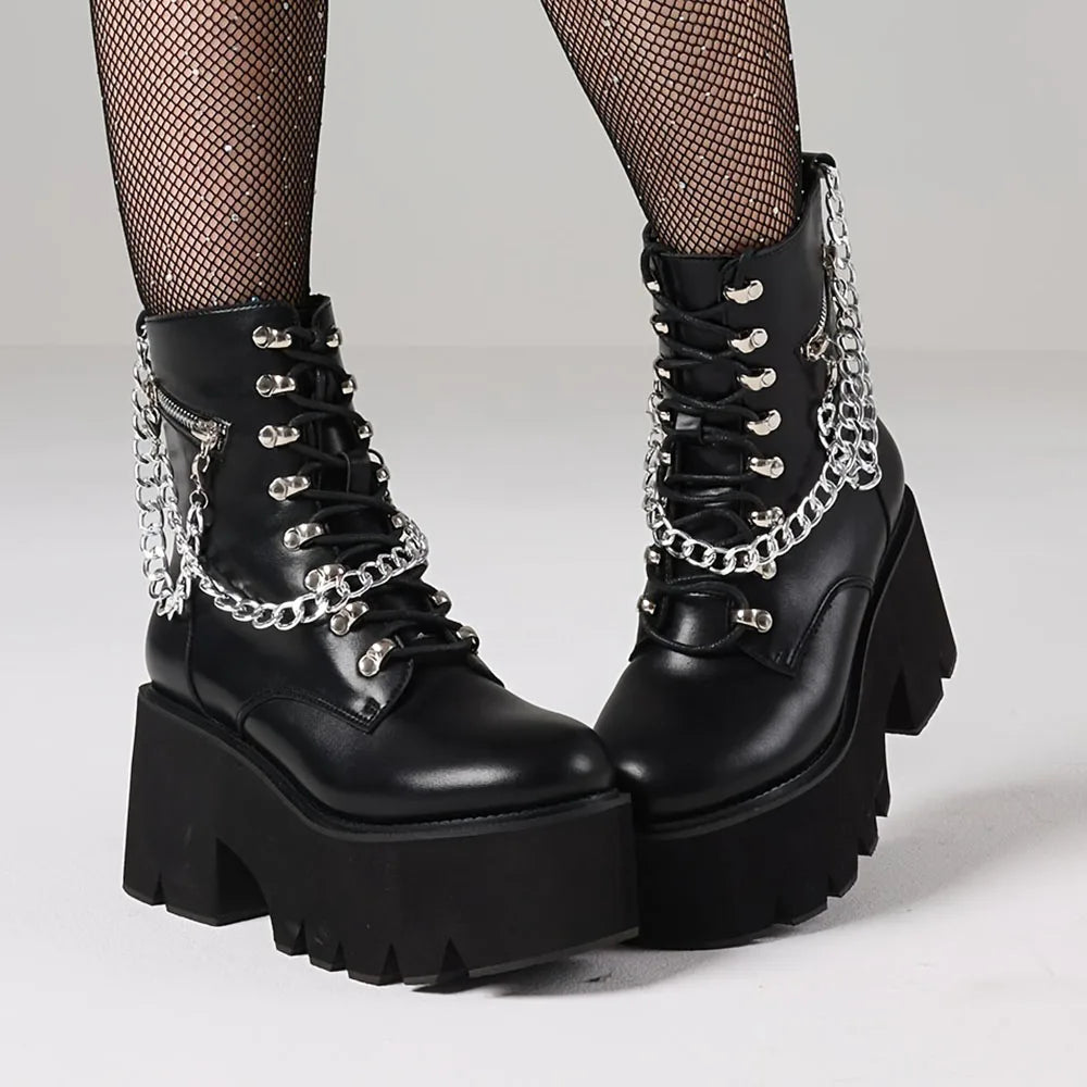 Gothic Ankle Boots Platform Chunky Heel Chain Punk Fight Biker Boots