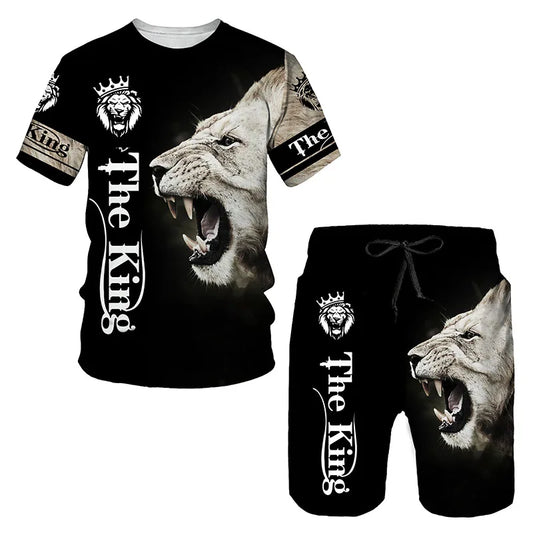 Ferocious Lion Summer Tracksuit Set 3D Printed Casual Men's T-shirt Shorts Male Sportswear Short Sleeve 2 Pieces Clothing Outfit