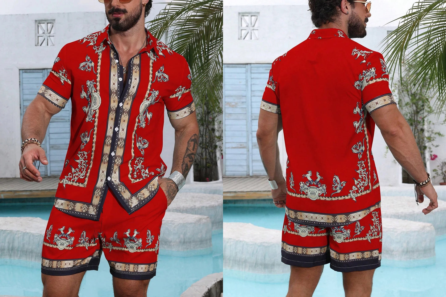 Baroque Luxury Printed Men's Shirt Shorts 2 Piece Set Summer Casual Shirt Hawaiian Beach Short-sleeved Men's Suits Clothing
