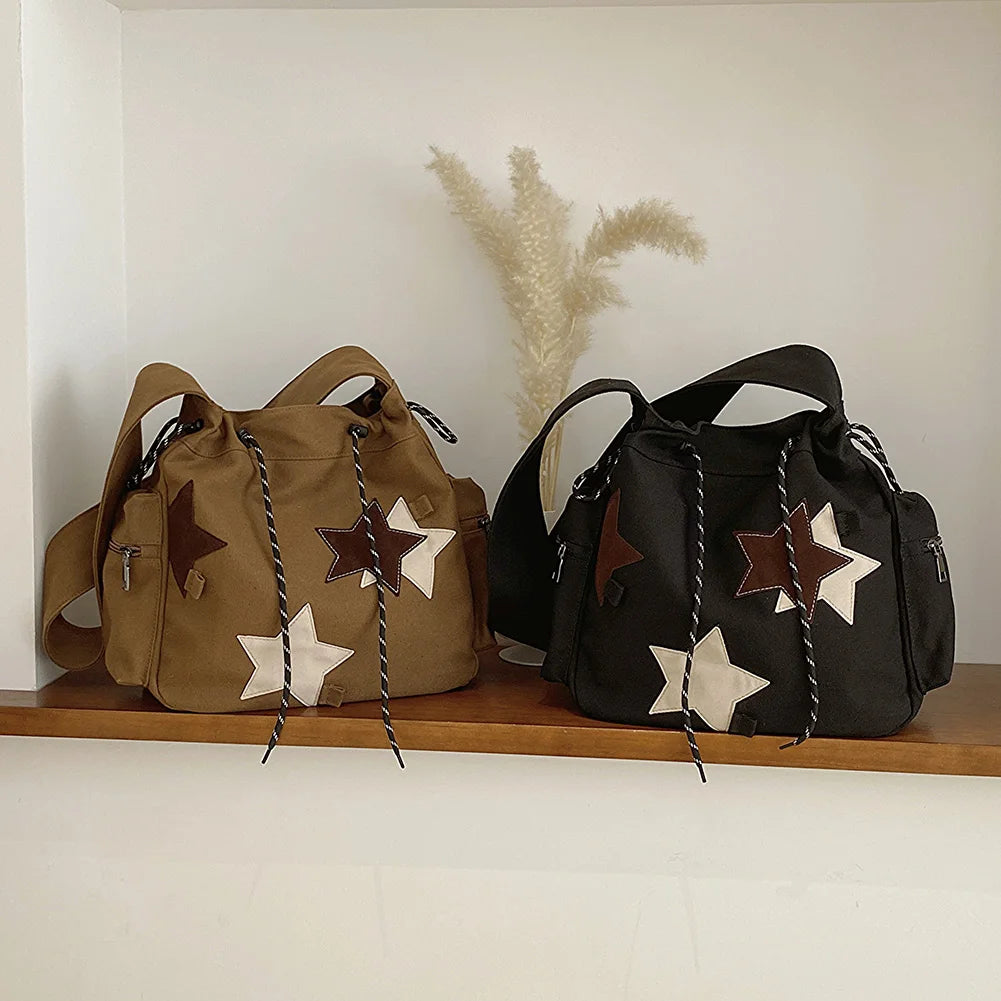 Women Casual Satchel Bag Large Capacity Canvas Star Applique  Street Style School Bag for Teens Students