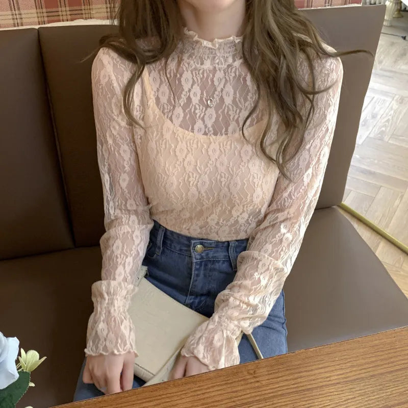 See Through Lace Flower Women's Blouse  Long Sleeve Spring Summer Thin Crop Top