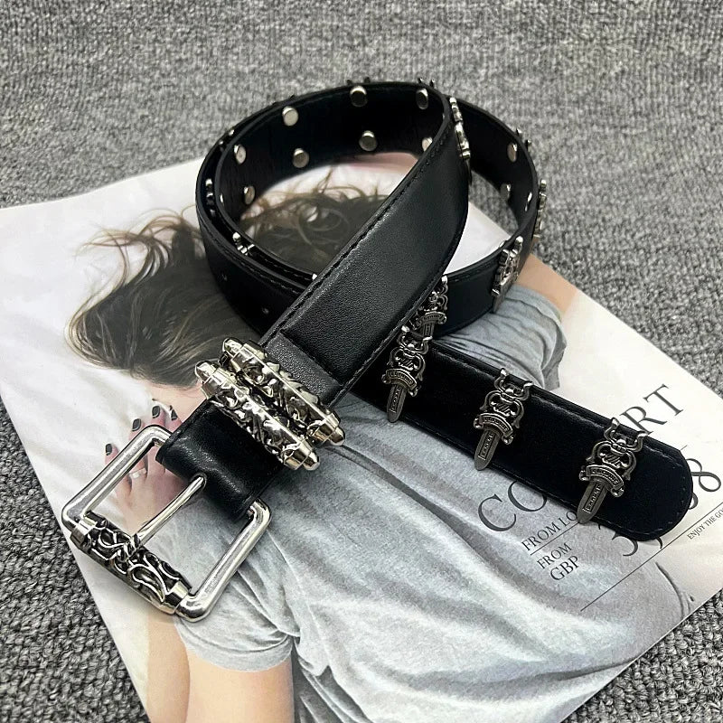 American Style Cropped 3.2 Wide Leather Belt With Wheel Hollow Out Vine Carving Engraved Women's Belt Celebrity Style