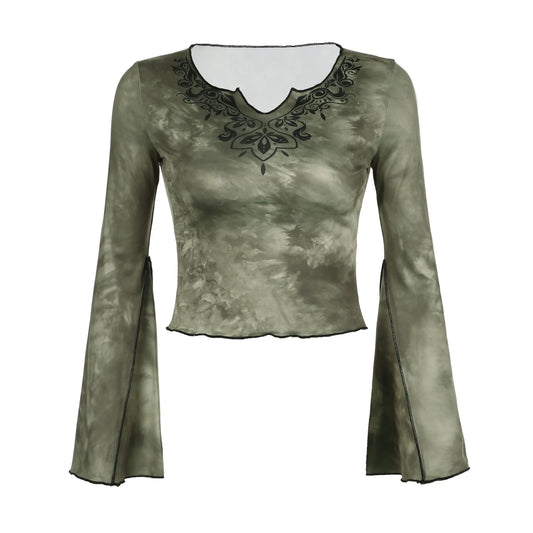 Women's Tie-dye Print Crop Tops Long Flare Sleeve Notched V Neck  T-Shirts Blouses