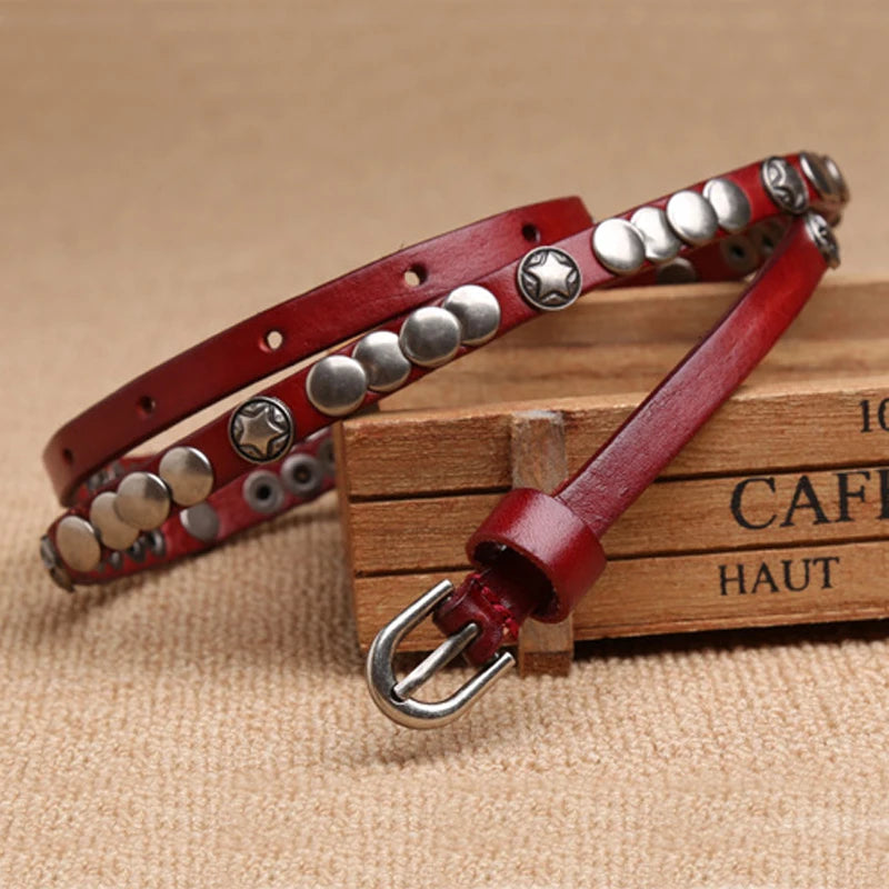 1CM Luxury Skirt Dress Rivet Belt  Genuine Leather Punk Decoration Thin Strap