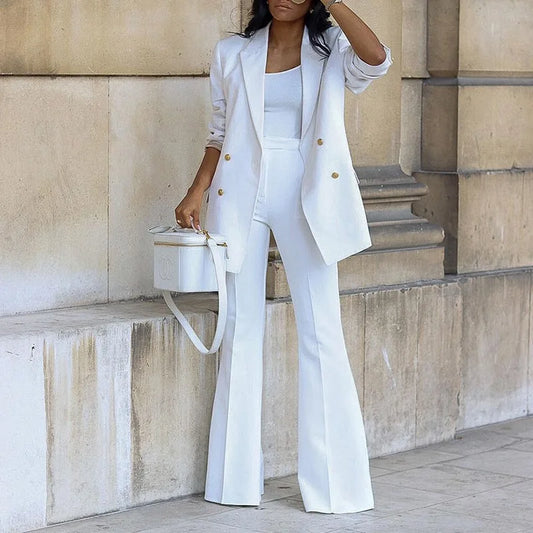 Elegant Women's Double Breasted Long Sleeve Blazers with Pocket and Flare Pants Suit Matching 2 Piece Set Outfits
