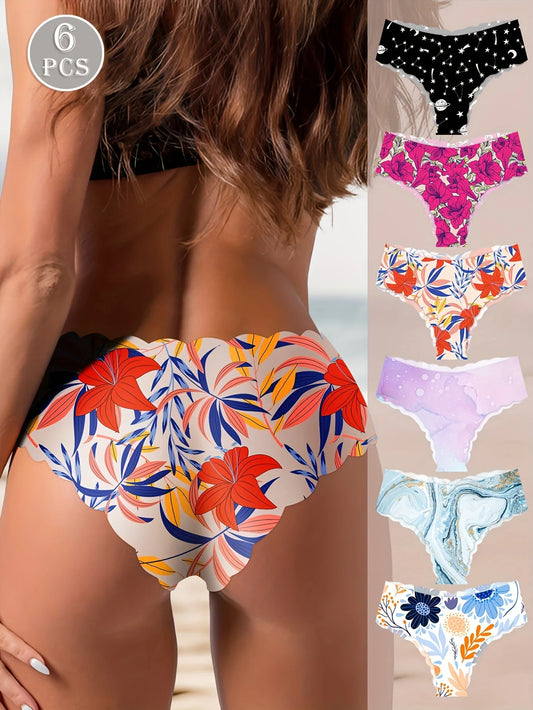 6 pcs of cheeky panties Seamless panties Comfortable breathable ice silk daily intimate fashion design art print low waist