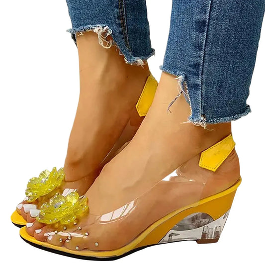 Female Shoes Leisure Transparent Crystal High Heels Diamond Slope Heel Sandals Fish Mouth Shoes Women's Dressy Sandals