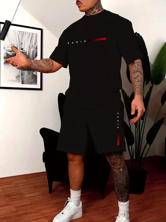 Short-sleeved shirt and shorts summer men's suit simple fitted T-shirt letter print with the same printed shorts two-piece set