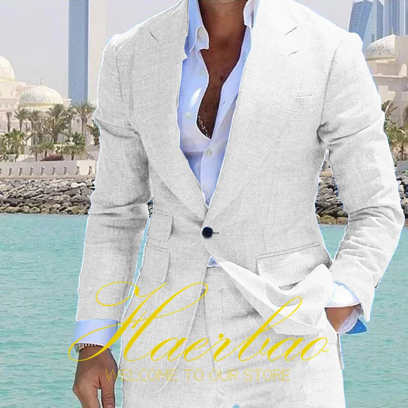 Summer Men's Linen Suit Set of 2 Wedding Groom Tuxedo Formal Lapel Jacket Pants Fashion Tailored Blazer for Men