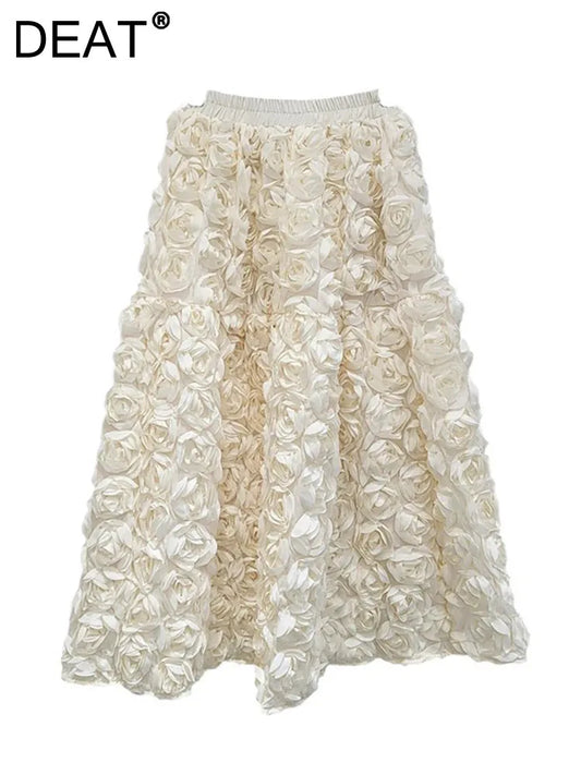 A-line 3d Rose Flowers Design Pleated  Long Skirt