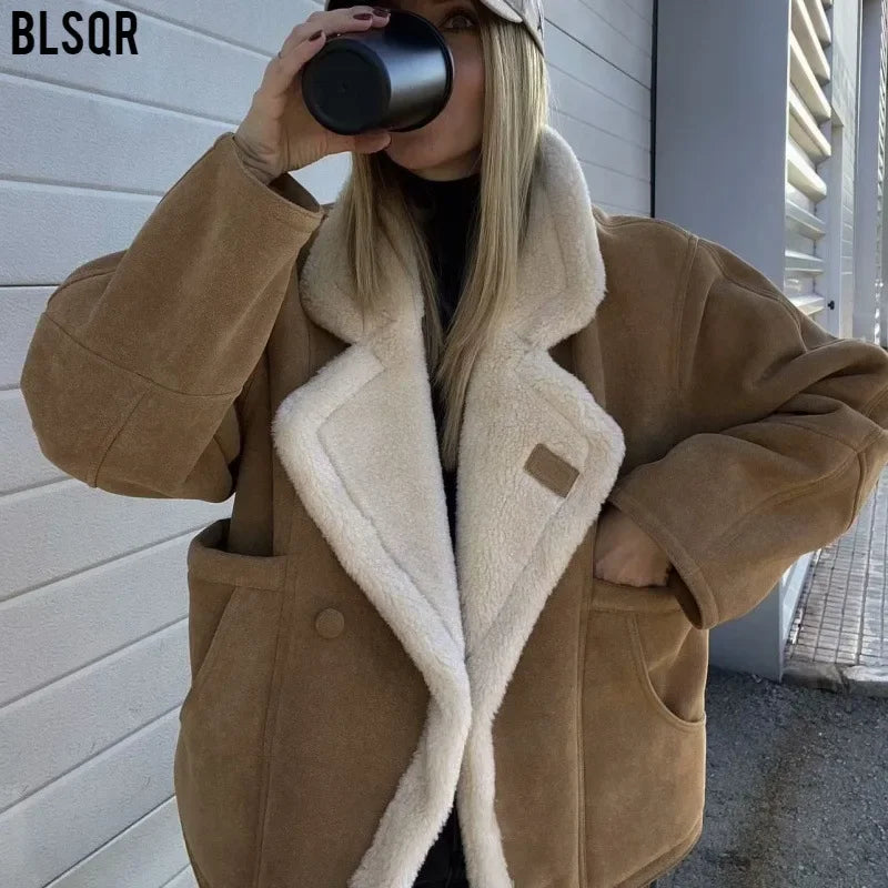 Oversize Loose Lamb Jacket  Fashion Winter Long Sleeve Button Fleece Coats