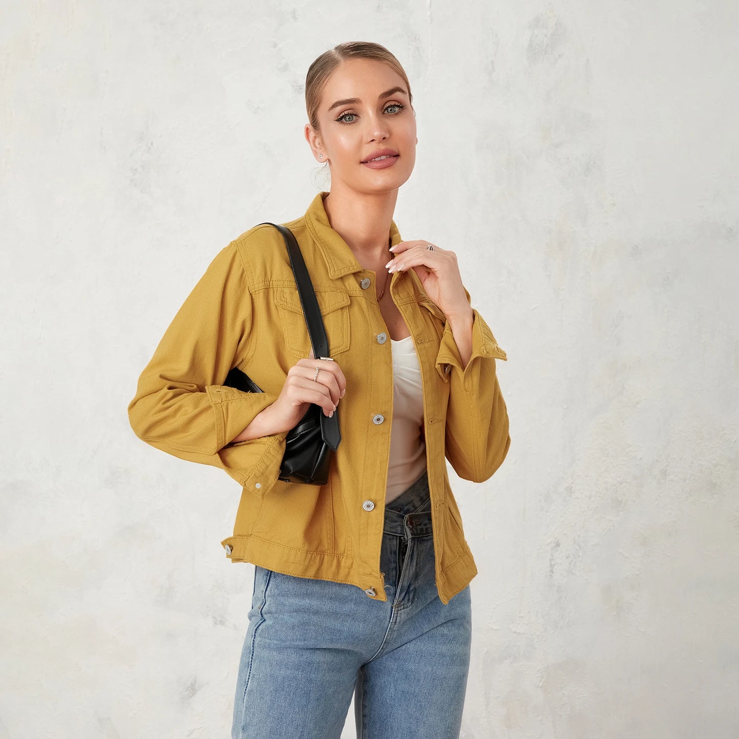 Solid Color Denim Jacket  Lapel Button Cardigan Jean Jacket  Casual Long Sleeve Short Coat