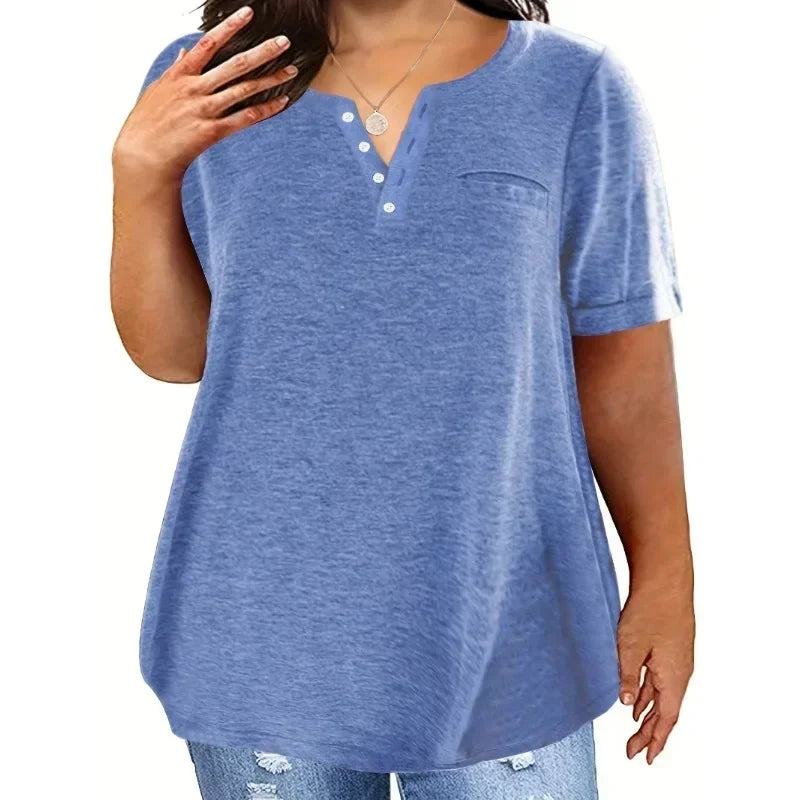 Plus Size 1XL-8XL Women's Loose Tops Ladies Casual V-neck Short Sleeve Pocket T-shirt Spring and Summer Style