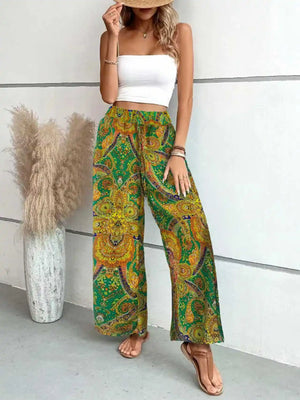 Summer Printing Wide Leg Pants for Women Straight Trouser  Fashion Elastic Waist Versatile Breathable