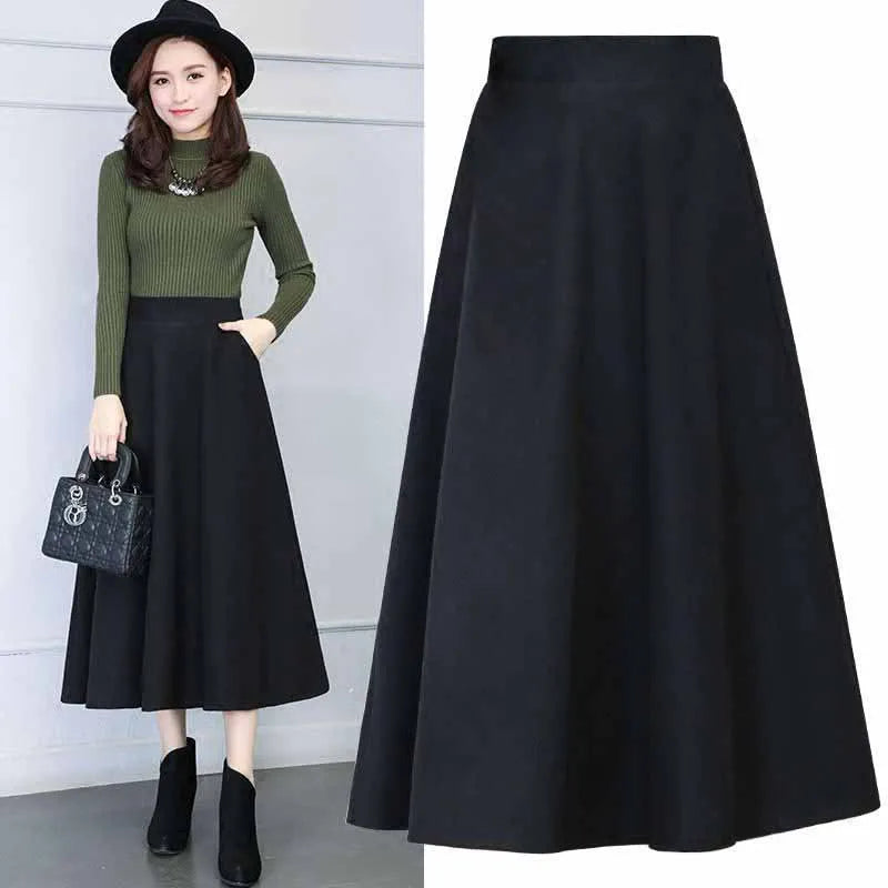 Long Woolen High Waist  A Line Thick Warm Pocket Maxi Skirt