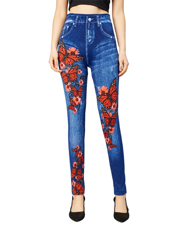 Leggings High Waist Elastic Butterfly Printed Pencil Pants Faux Denim Leggings