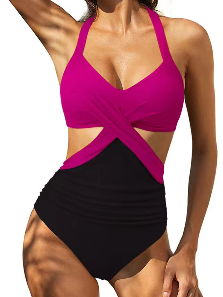 Solid Printed Swimwear Women Halter One Piece Swimsuit Female Swimming Monokini Suit Padded Beachwear