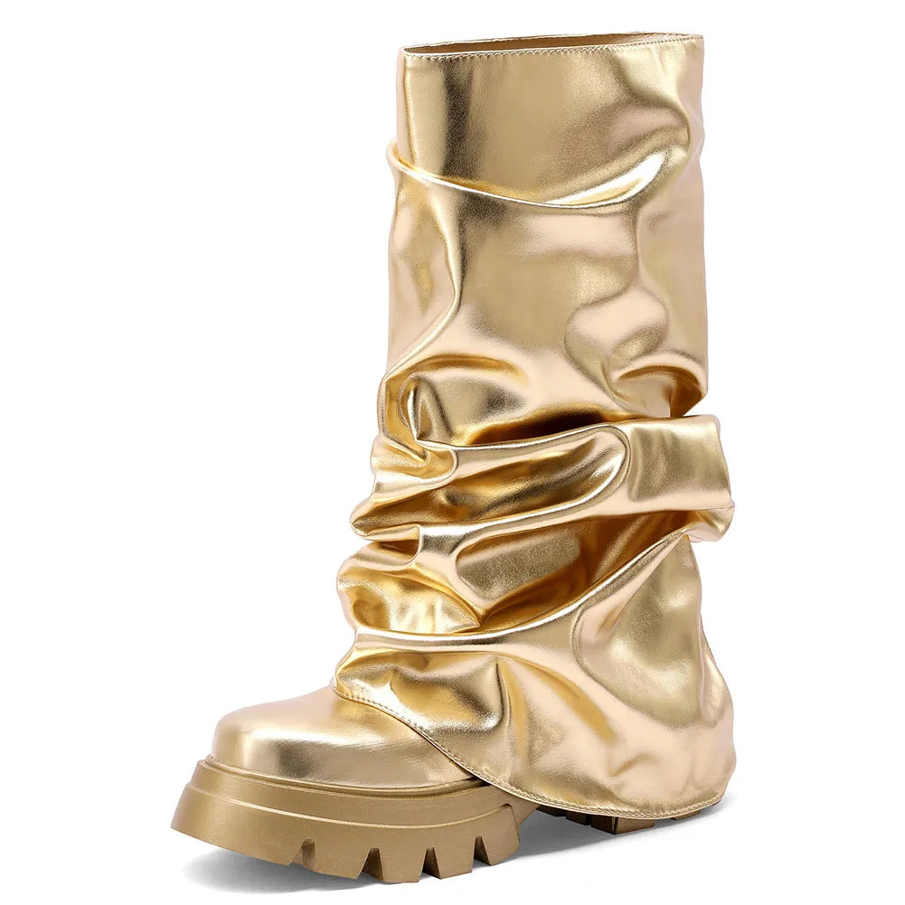 Fold Over Slouchy Shark Boots Fashion Pleated Chunky High Heels Round Toe Platform Pull On Knee High Boots