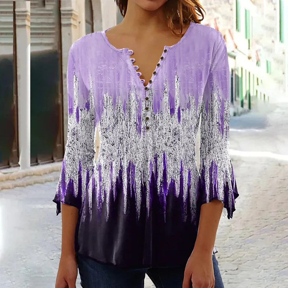 Women's V-Neck Short Sleeve Summer Button T-Shirt Street Trend Flower Geometric Print Women's Loose Casual V-Neck