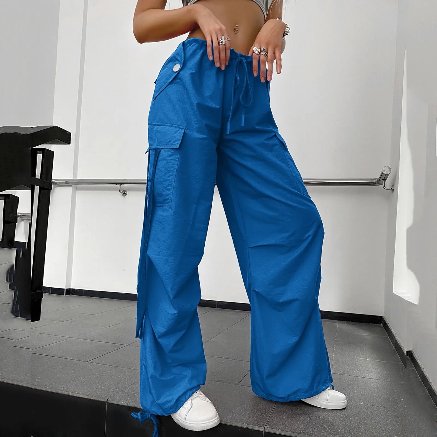 Women's Pants Streetwear Casual Hip Hop Elastic Waist Cargo Pants Drawstring Lace Up Trousers