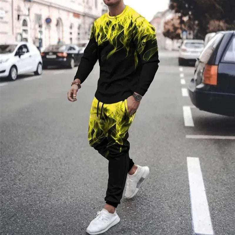 Men's 3D printed sweatshirt set Colorful Flame cap sweatshirt Sweatshirt sweatpants crew neck sportswear
