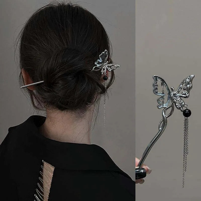 Chinese Style Butterfly Flower Tassel Hair Stick for Women Vintage Metal Chopstick Hair Sticks Hair Accessories