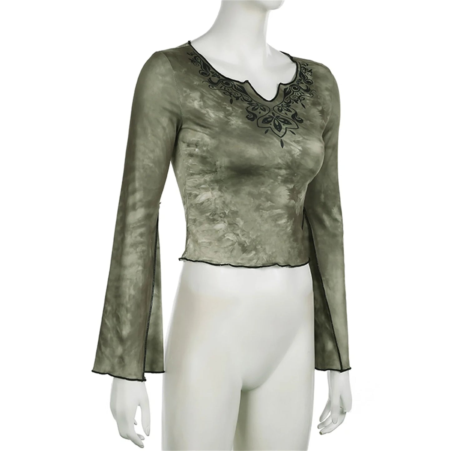 Women's Tie-dye Print Crop Tops Long Flare Sleeve Notched V Neck  T-Shirts Blouses