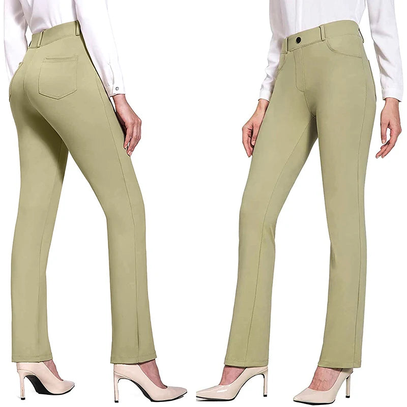 High Waist Slim Leg Pants Solid Color Elastic Flared Trousers with Pockets  Casual