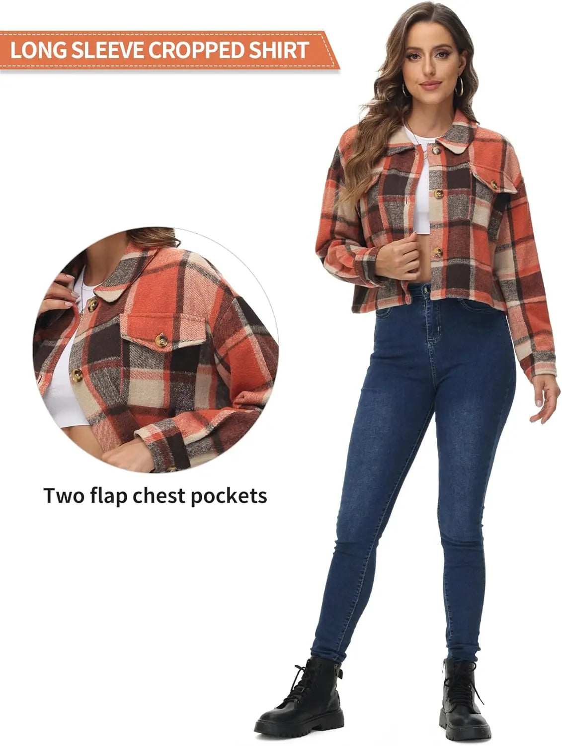Oversized Plaid Shacket - Cozy Long Sleeve Button Down Jacket with Pockets Cropped