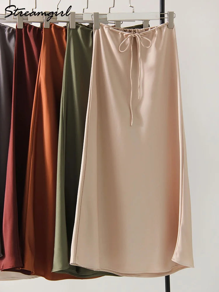 Long Satin Skirt  A Line Tie Up
