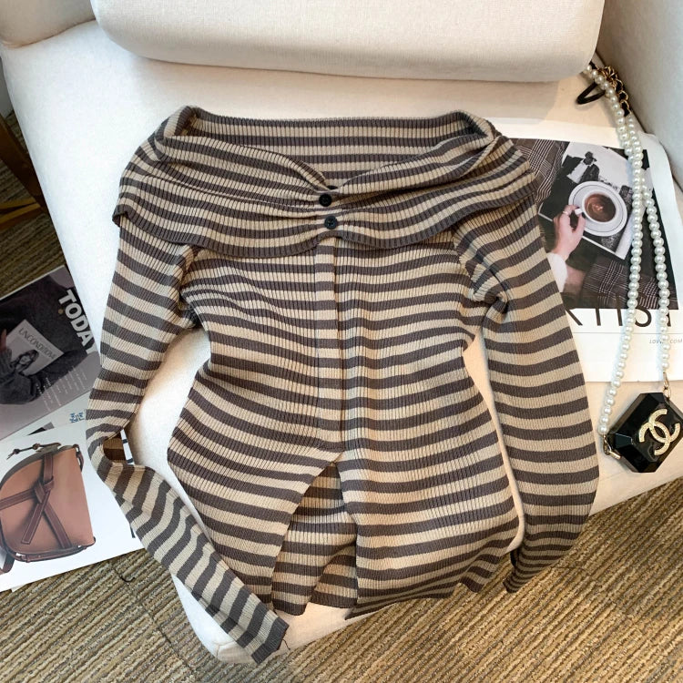 Striped Off Shoulder Knitted Top Casual Ruched Long Sleeve Split Sweater For Spring & Fall, Women's Clothing