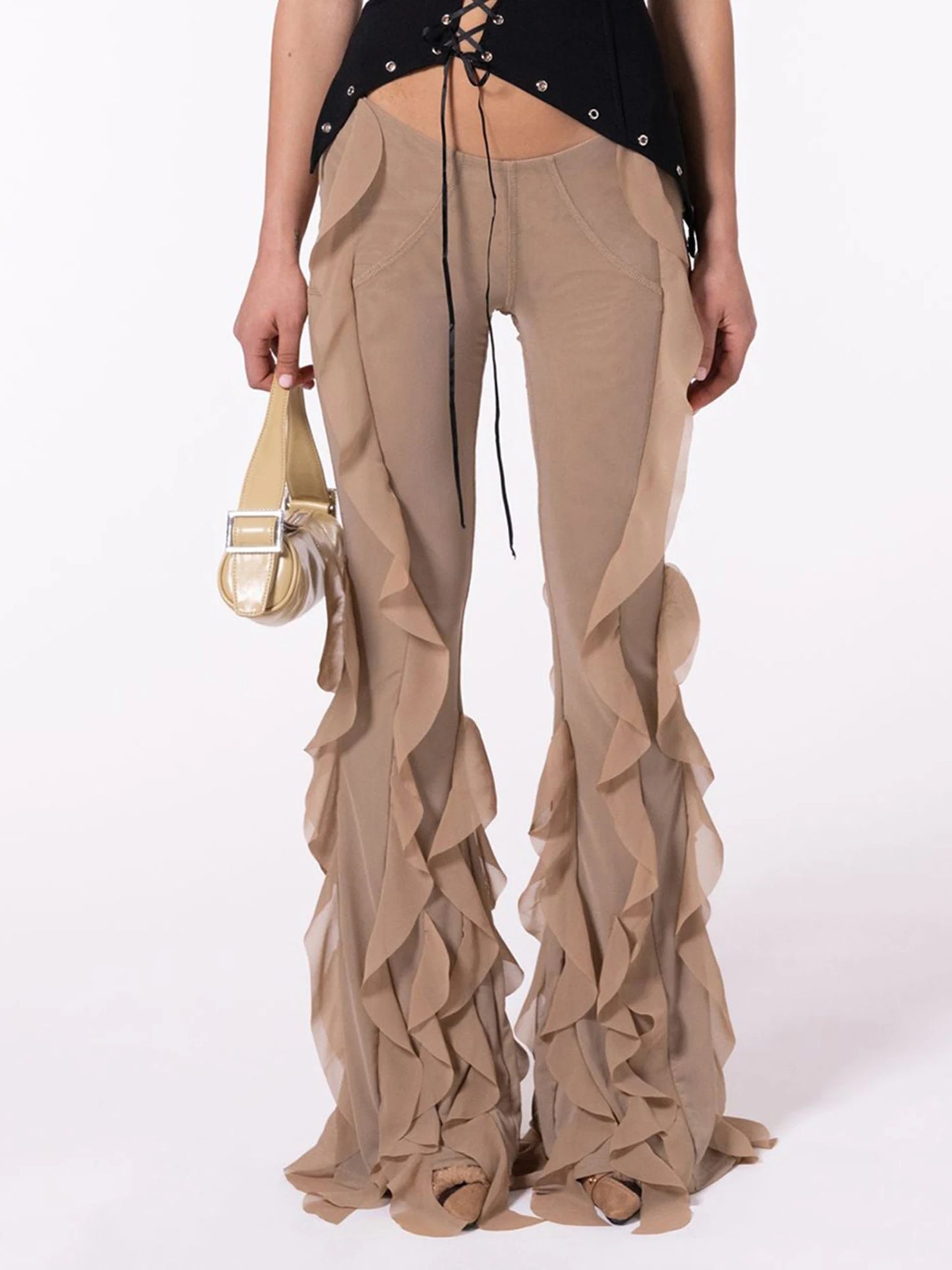 Women s Solid Color Low Rise Stretch Bell-Bottom Trousers with Ruffled Flare Design Stylish Streetwear Pants for a Trendy Look