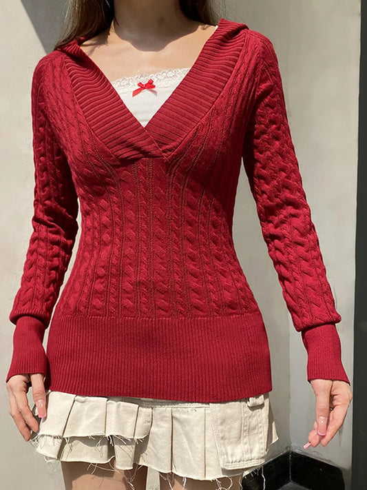 Ladies Cozy Fall Hooded Sweater with Classic Cable Knit Design Stylish V-Neckline and Warm Long Sleeves for Chilly Days